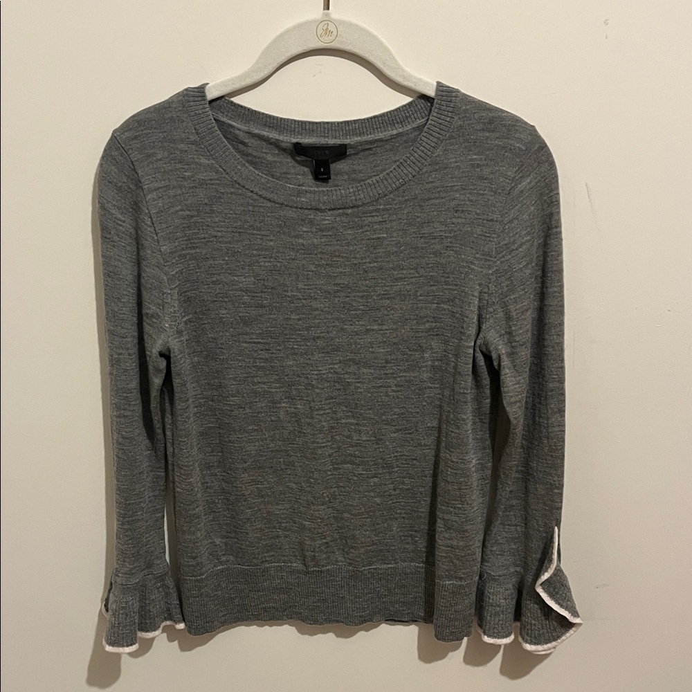 J. Crew Gray 7/8 Sleeve 100% Merino Wool Top with Ruffle Sleeves